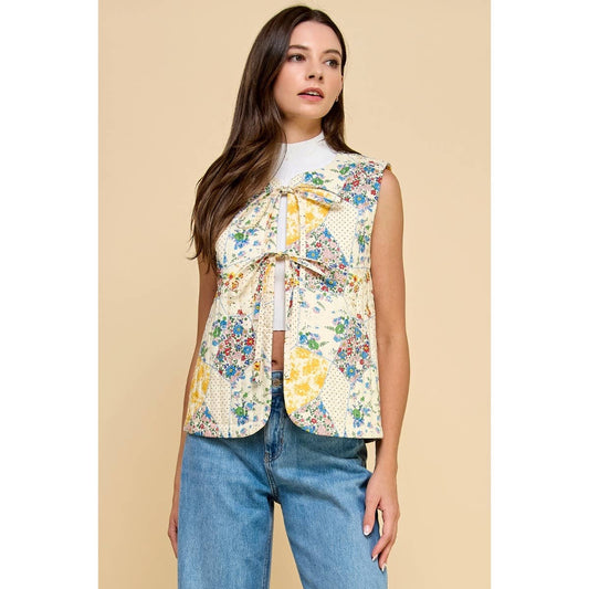 Multi Flower Quilted Vest with Front Ribbon