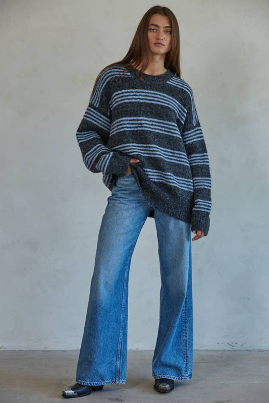 Blue Knit Sweater Striped Pullover
