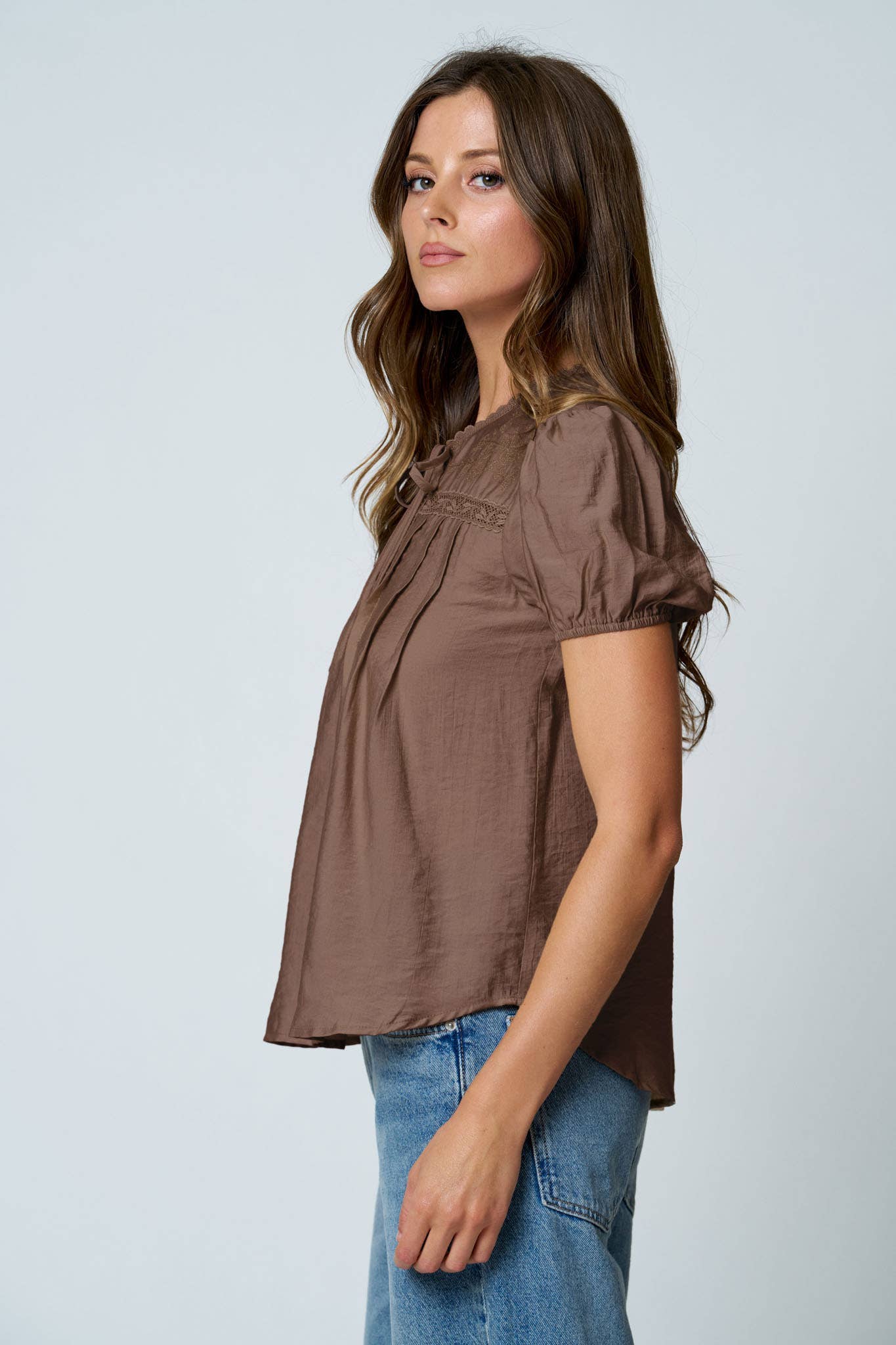 EMBROIDERED LACE TRIM PINTUCK DETAIL TOP