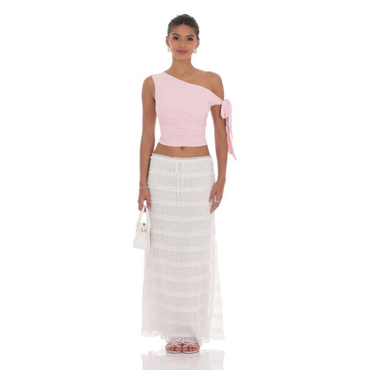 Ruched Dotted Maxi Skirt in White