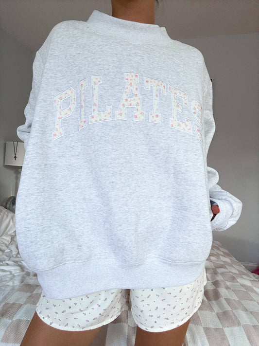 Pearl Grey Mockneck Pilates Embroider Sweatshirt