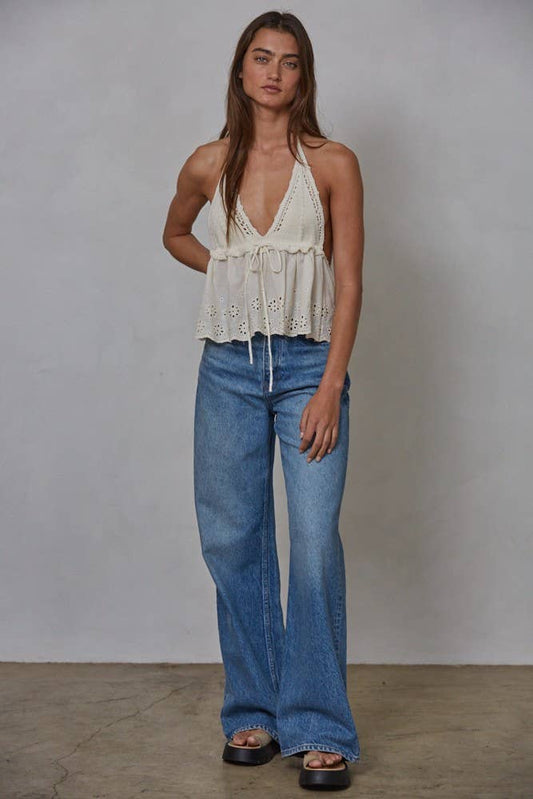 Knit Cotton Eyelet Halter Plunge V-Neck Top