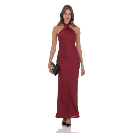 Satin Cross Halter Maxi Dress in Wine