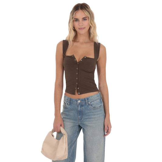 Ribbed Square Neck Top in Brown