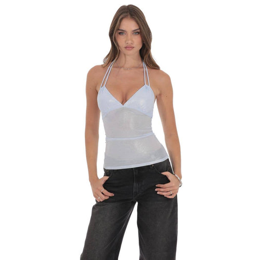 Foil Mesh Halter Top in Light Blue