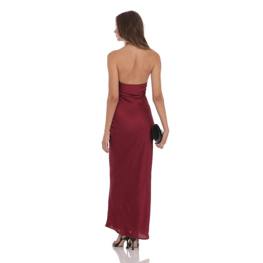 Satin Cross Halter Maxi Dress in Wine