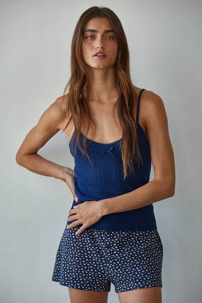 Navy Floral Print Waffle Shorts
