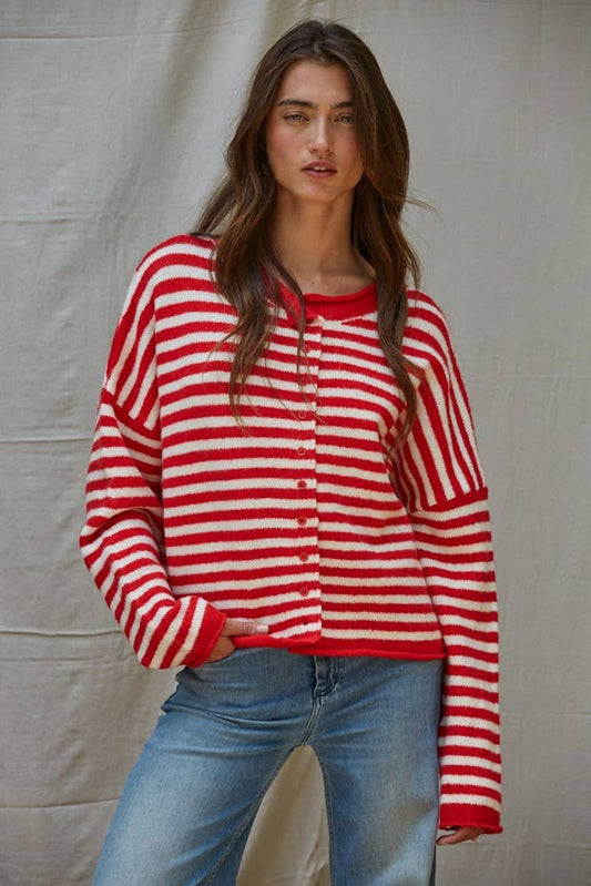 Knit Sweater Striped Button Down Cardigan