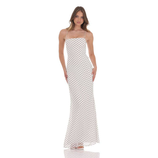 Polka Dot Open Back Maxi Dress in White