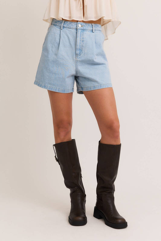 Light Pleated Denim Shorts