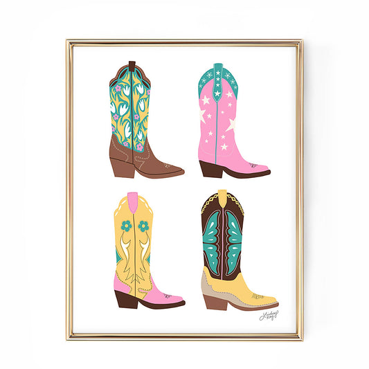 Cowboy Boots Illustration (Pink/Teal) - Art Print