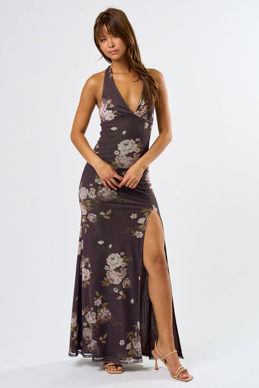 Brown Halter Neck Maxi with Slit Dress