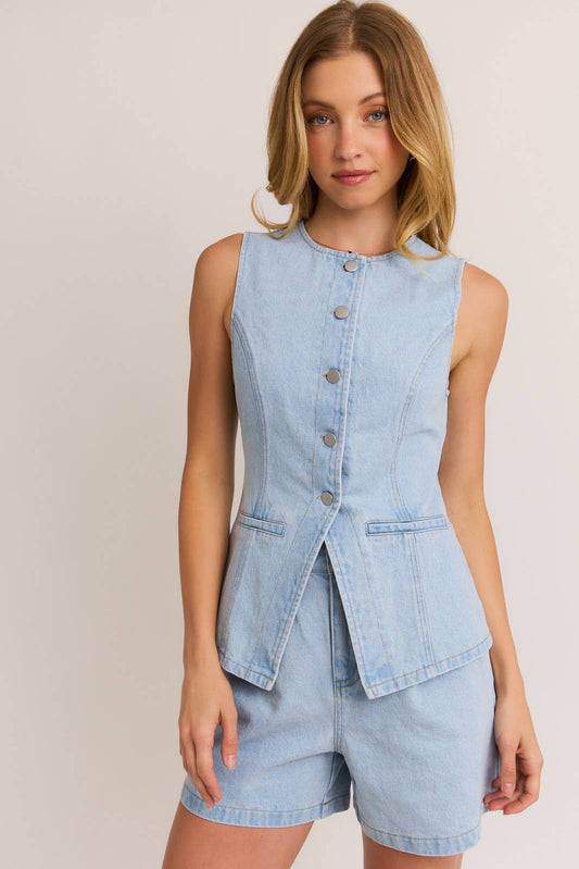 Button Front Sleeveless Light Denim Top