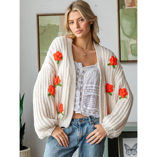 Flower Pom Pom Crop Cardigan