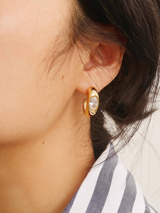 Aliénor 18K Gold Non-Tarnish CZ Classic C Hoop Earring