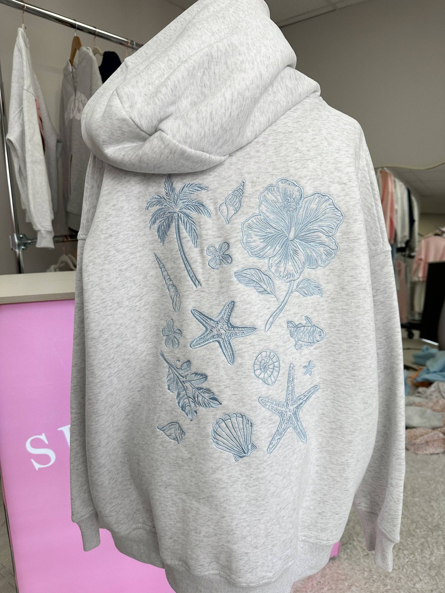 Pearl Grey Tropical Embroider Hoodie