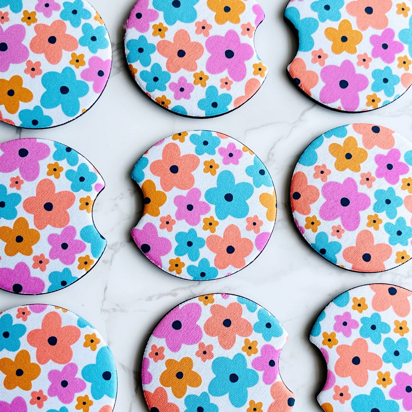 2 Car Coasters, Colorful Floral Design