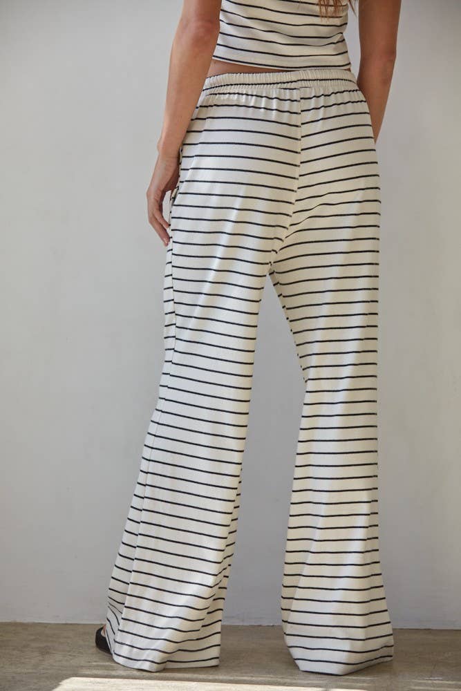 Simple Striped Waist Tie Flare Pants