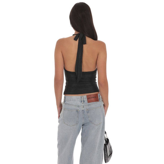 Metallic Plunge Neck Top in Black