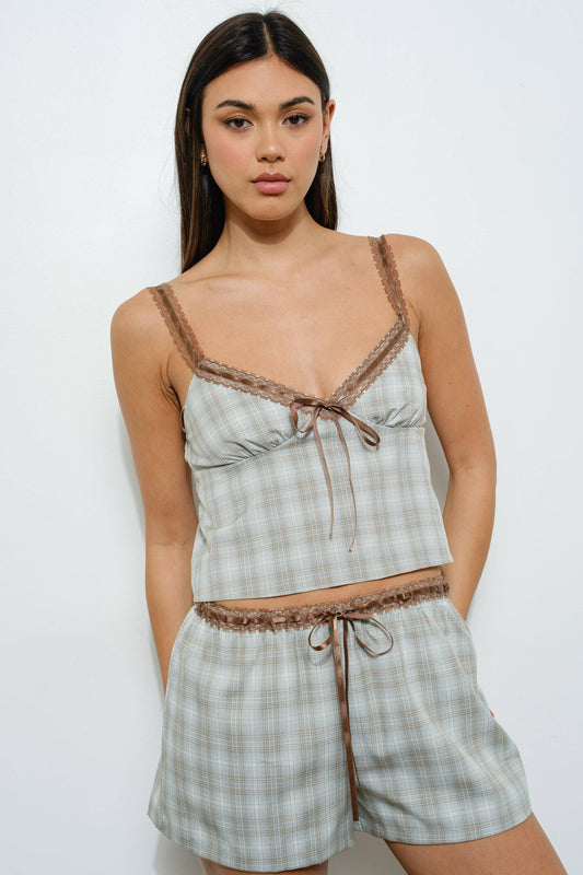 Lace Dusty Blue Trim Plaid Cami