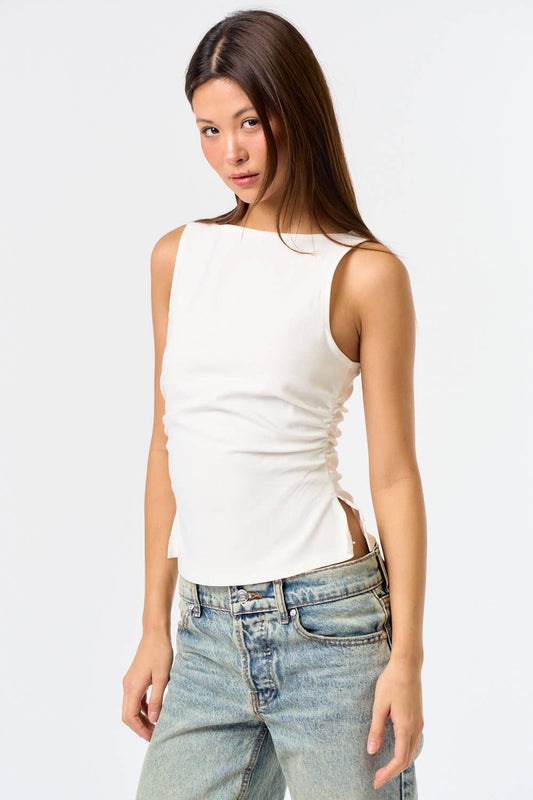 Knit Boatneck Tank with Side Ruched Detailing