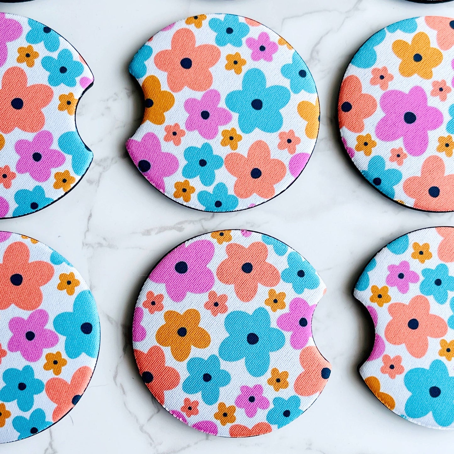 2 Car Coasters, Colorful Floral Design