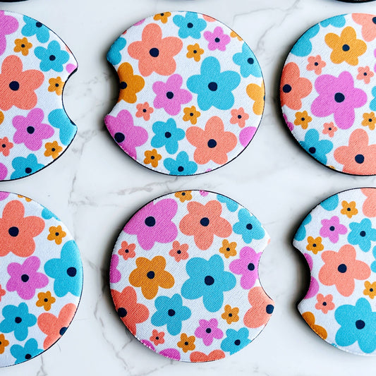 2 Car Coasters, Colorful Floral Design