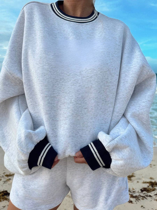 Sunkissed Pearl Grey Preppy Crew Sweatshirt