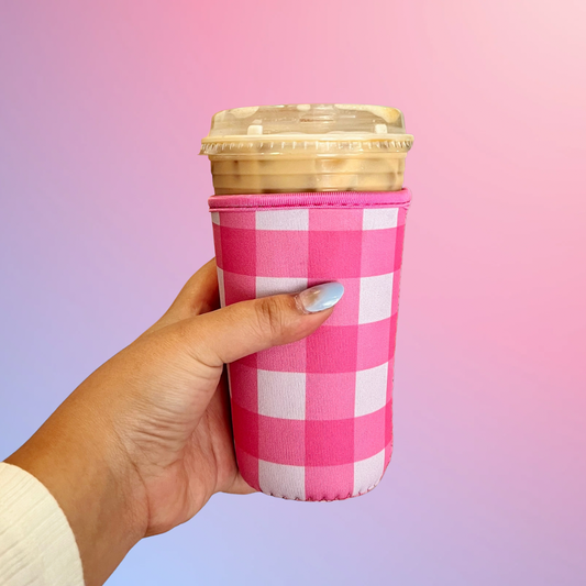 Pink Gingham Iced Coffee Sleeve: Small (16-18oz)