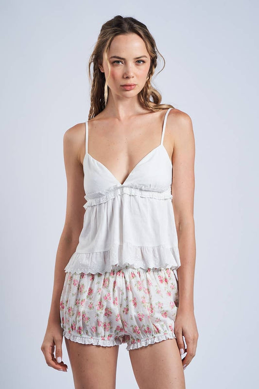 Soft White Eyelet Lace Ruffle Trim Cami Top