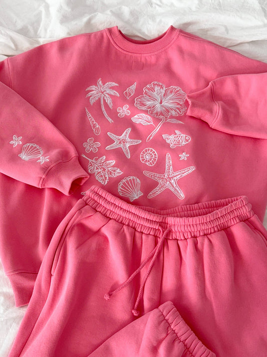 Hibiscus Pink Tropical Embroider Sweatshirt