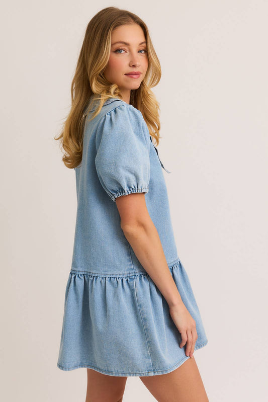 Puff sleeve collared denim dress