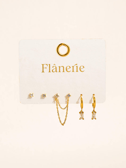 Roussa 18K Gold Non-Tarnish CZ Chain Earring Set