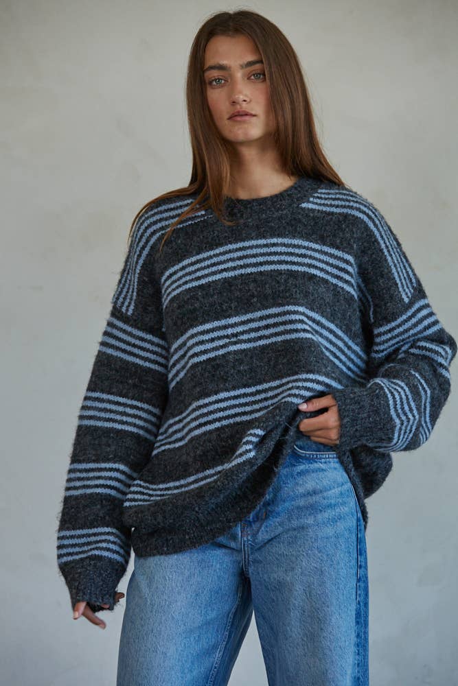 Blue Knit Sweater Striped Pullover