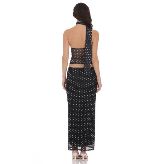 Polka Dot Mesh Pencil Maxi Skirt in Black