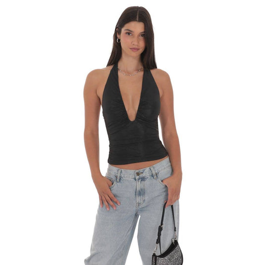 Metallic Plunge Neck Top in Black