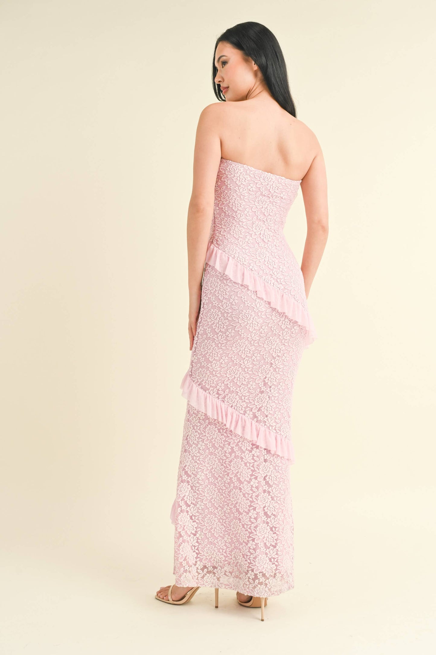 Strapless Ruffled Lace Maxi Dress