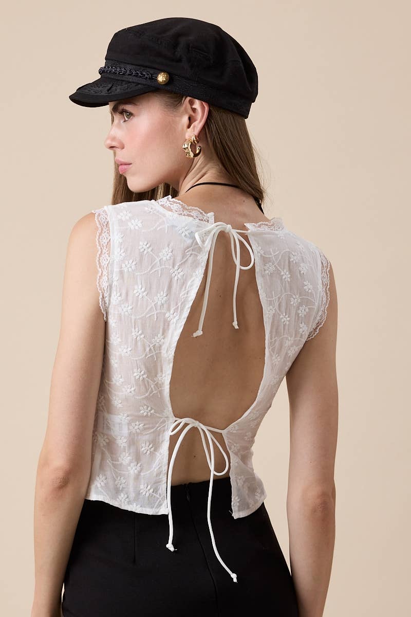 White Double Ties White Floral Lace Top