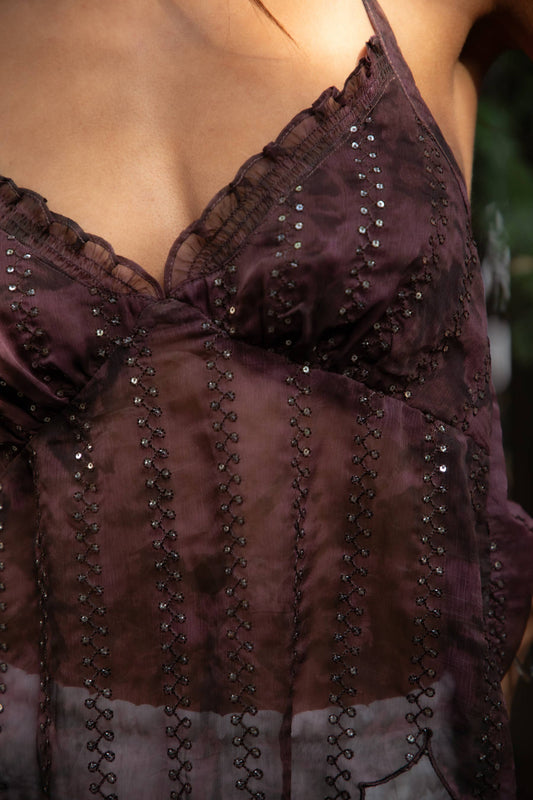 ISOLA Scalloped Sequin Chiffon Open Back Halter Top