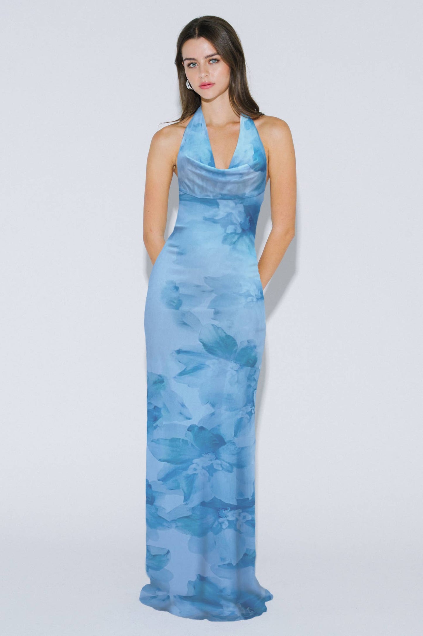 Floral Print Cowl Neck Halter Maxi Dress