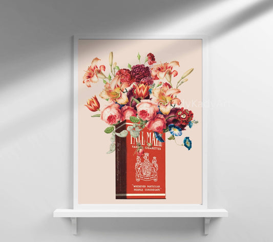 Vintage Cigarette Collage Art Print, Floral Wall Art