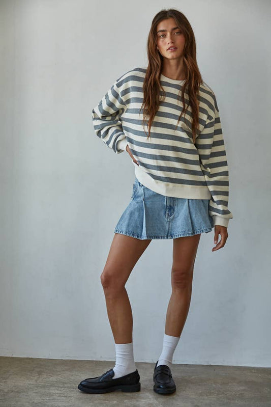Knit Cotton Striped Crew Neck Long Sleeve Sweatshirt
