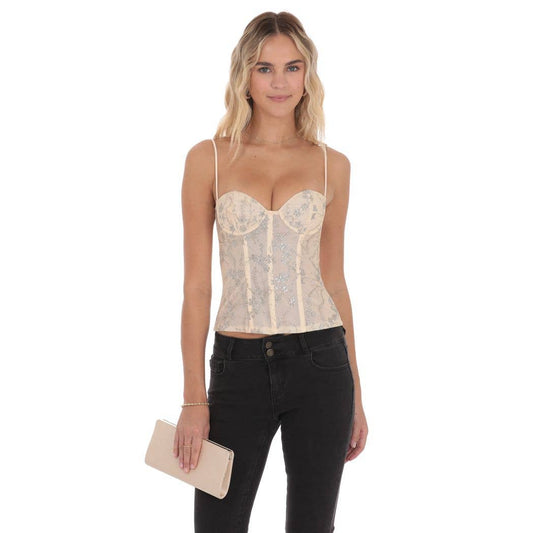 Corset Glitter Floral Top in Cream