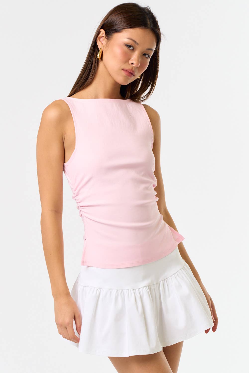 Knit Boatneck Tank with Side Ruched Detailing