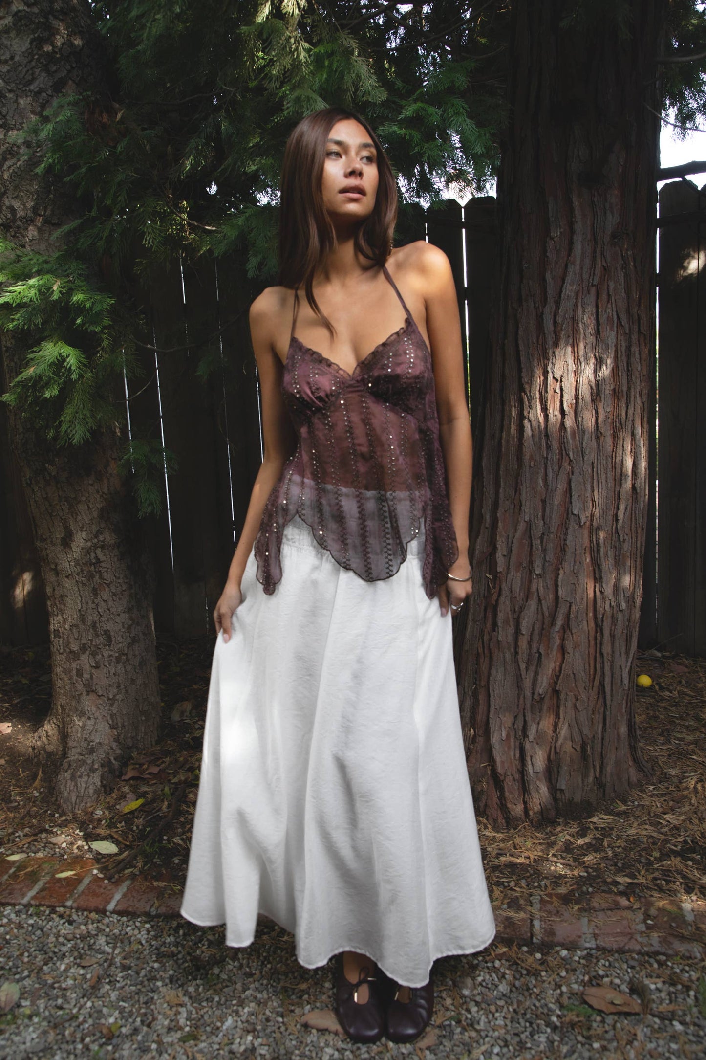 ISOLA Scalloped Sequin Chiffon Open Back Halter Top