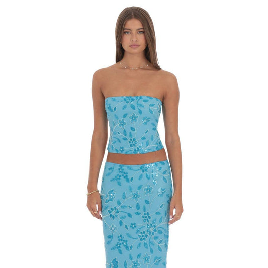 Strapless Beaded Floral Top in Aqua Blue