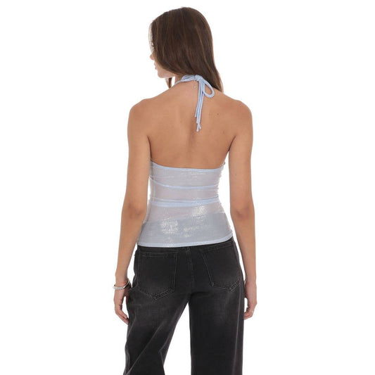 Foil Mesh Halter Top in Light Blue