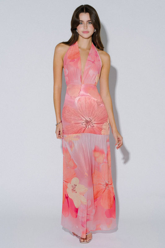 Floral Print Plunging Halter Maxi Dress