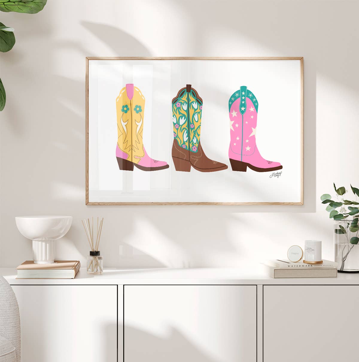 Cowboy Boots Illustration (Pink/Teal) - Art Print