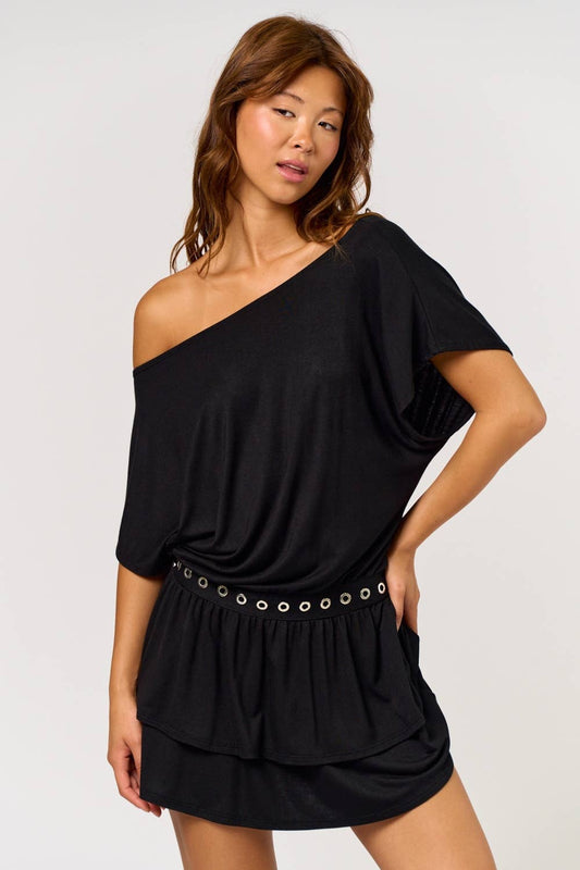 Bold Edge Metal Eyelet Boat Neck Mini Dress